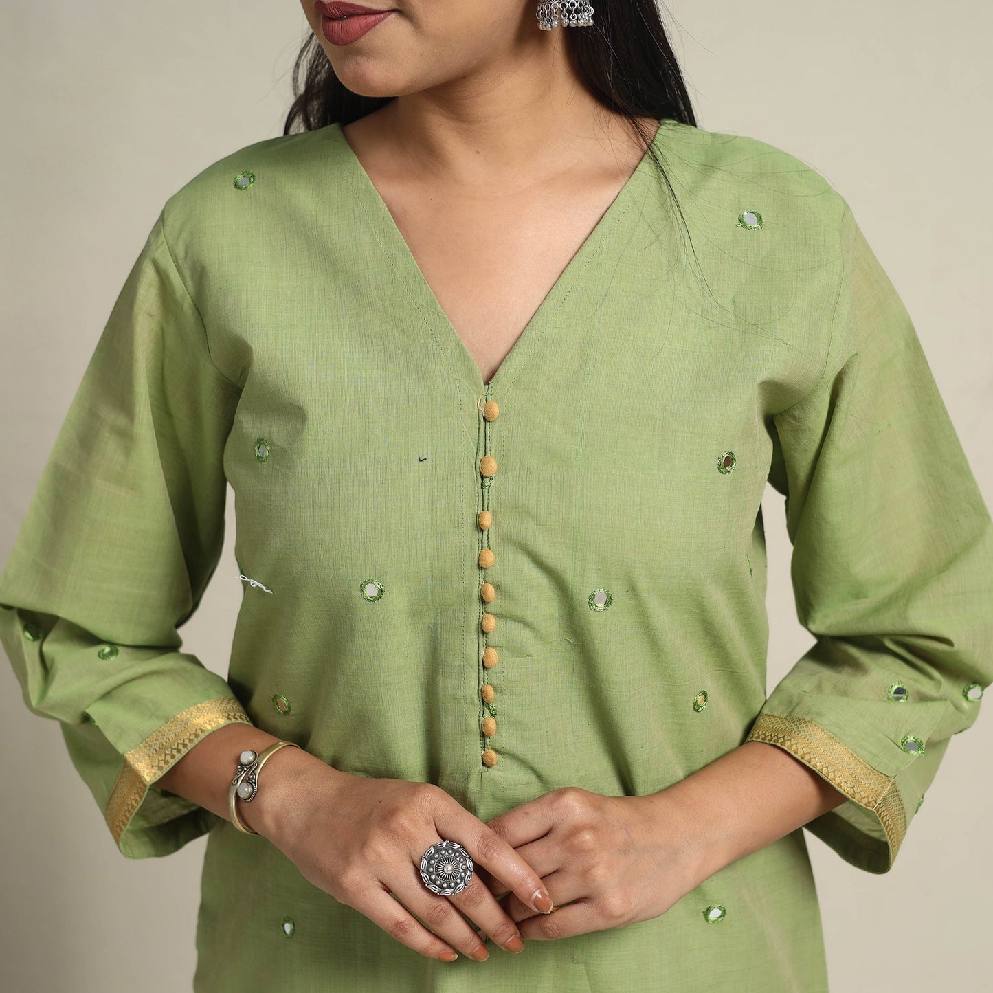 Handloom Cotton Mirror Work Green Straight Mangalagiri Kurta for Women