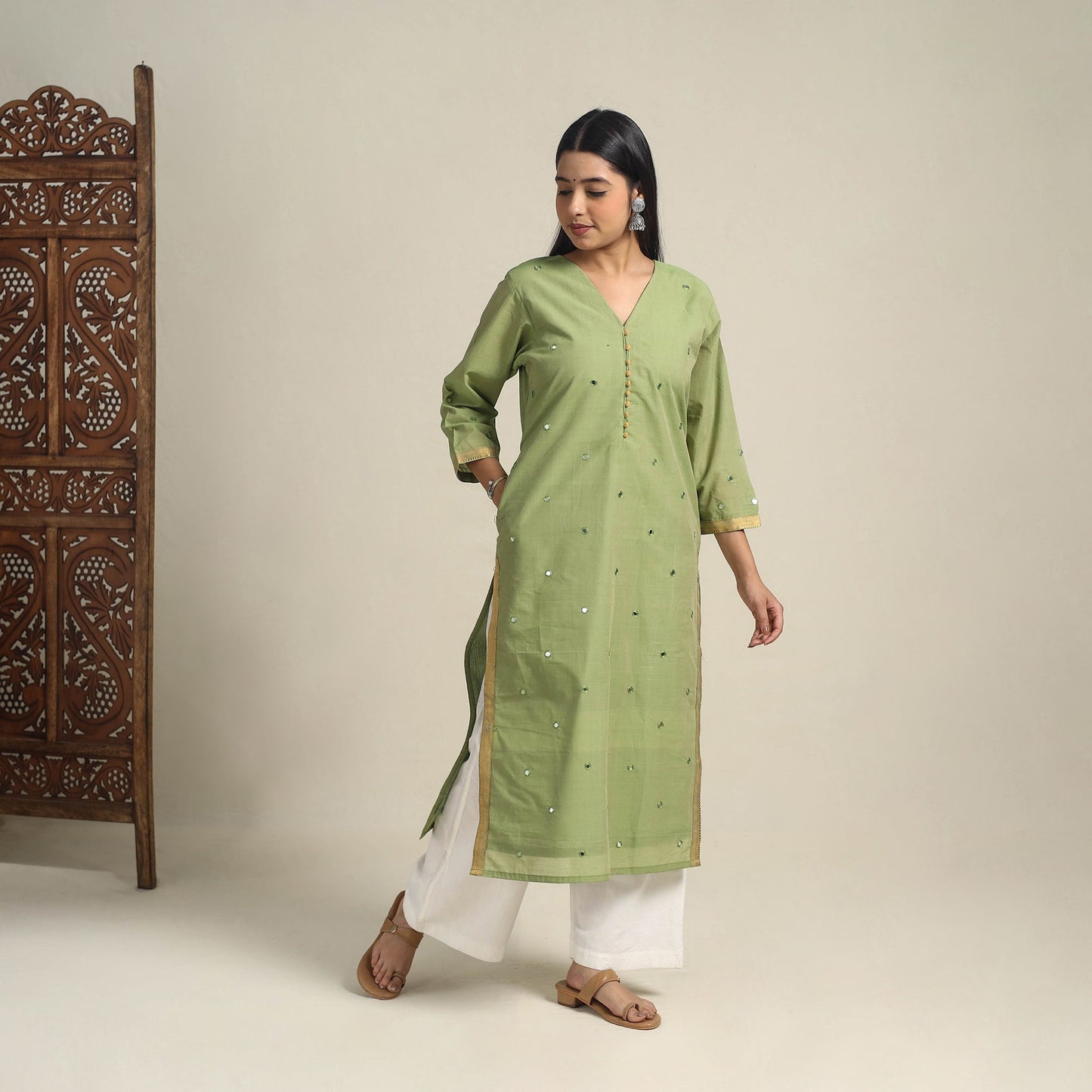 Handloom Cotton Mirror Work Green Straight Mangalagiri Kurta for Women