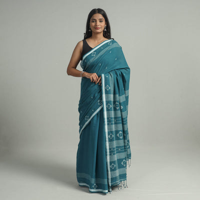 Green - handloom cotton phulia jamdani saree with tassels