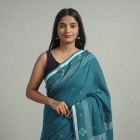Green - handloom cotton phulia jamdani saree with tassels