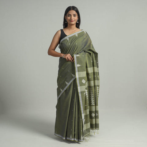 Green - handloom cotton phulia jamdani saree with tassels