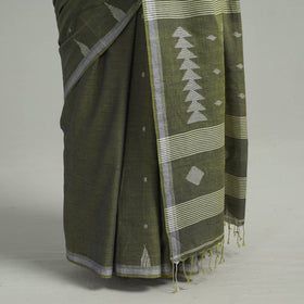 Green - handloom cotton phulia jamdani saree with tassels