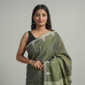 Green - handloom cotton phulia jamdani saree with tassels