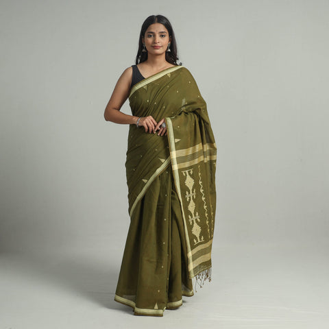 Green - handloom cotton phulia jamdani saree with tassels