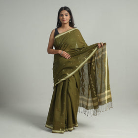 Green - handloom cotton phulia jamdani saree with tassels