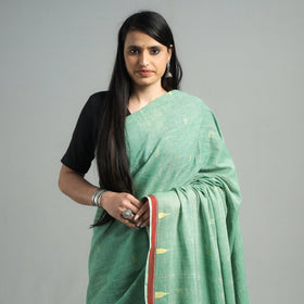 Green - handloom cotton phulia jamdani saree with tassels