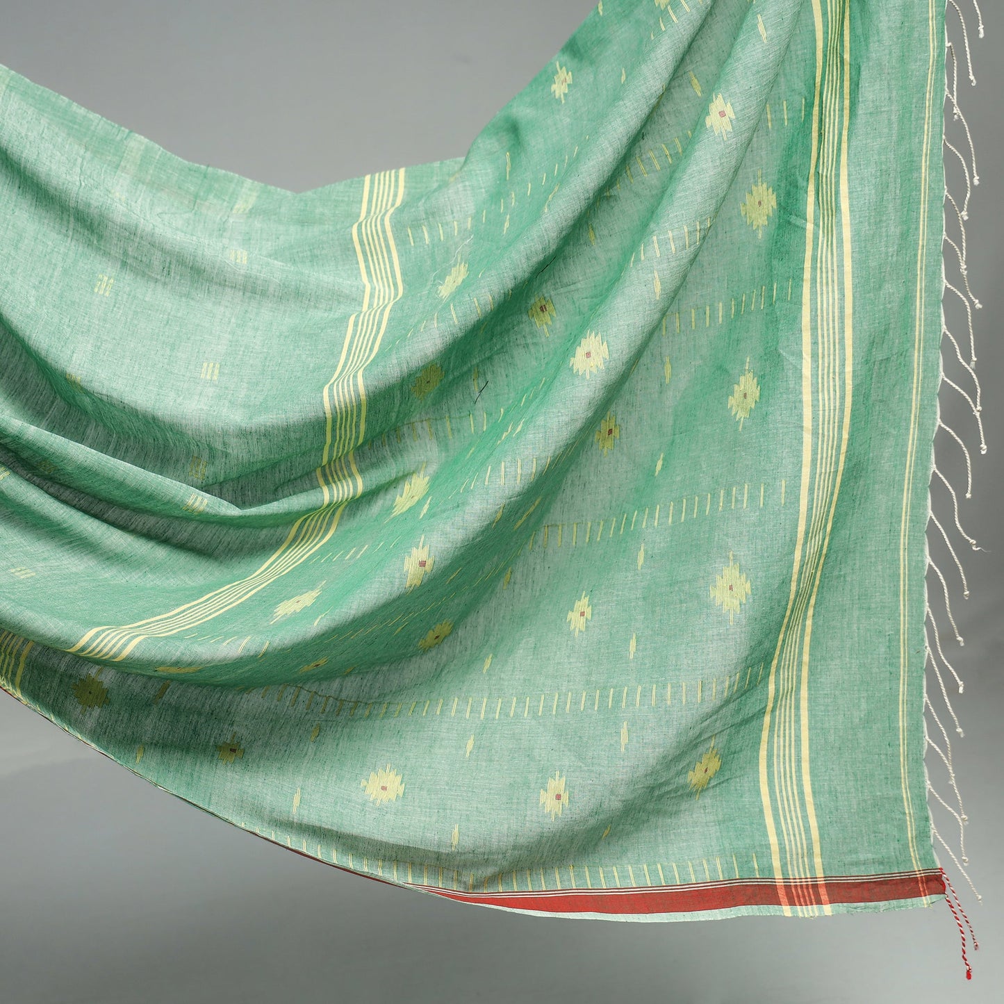 Green - handloom cotton phulia jamdani saree with tassels