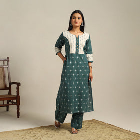 Green Handloom Cotton Pochampally Double Ikat Kurta Set (Set of 2)