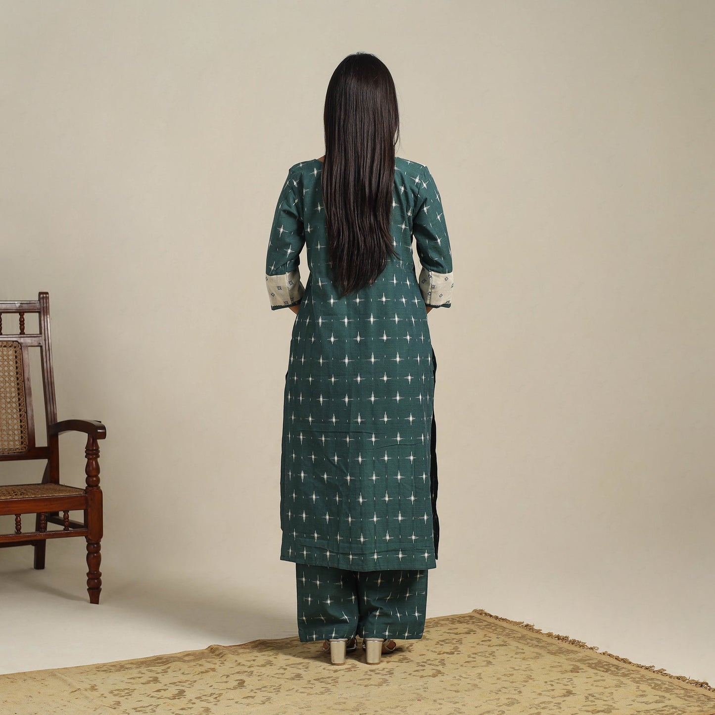 Green Handloom Cotton Pochampally Double Ikat Kurta Set (Set of 2)