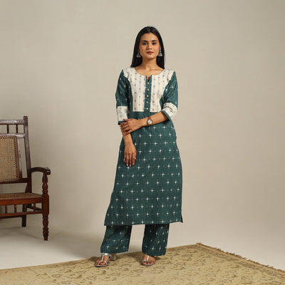 Green Handloom Cotton Pochampally Double Ikat Kurta Set (Set of 2)