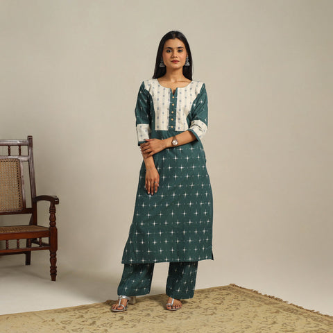 Green Handloom Cotton Pochampally Double Ikat Kurta Set (Set of 2)