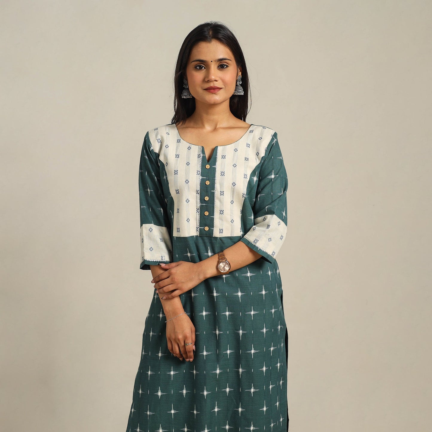 Green Handloom Cotton Pochampally Double Ikat Kurta Set (Set of 2)