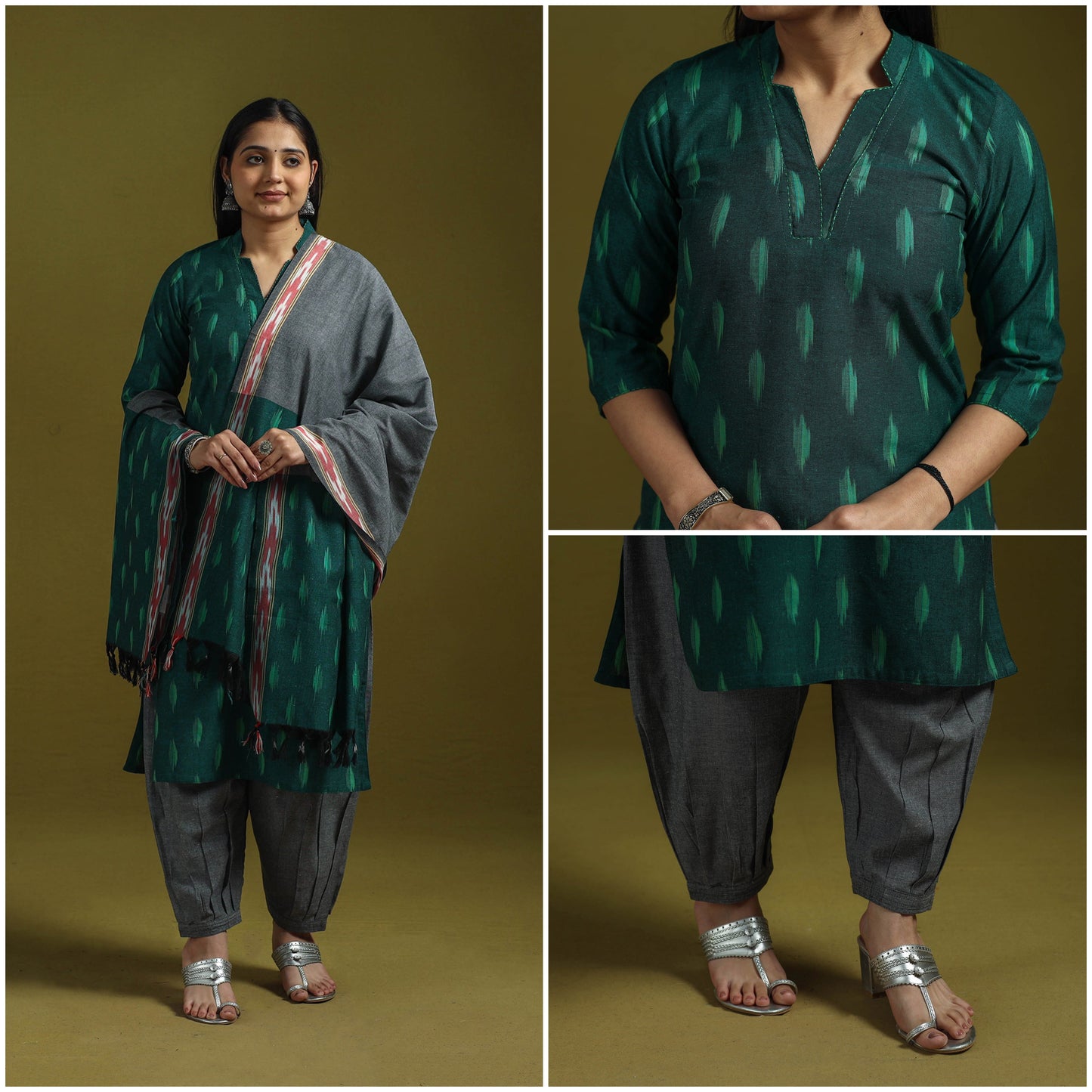 Handloom cotton pochampally ikat 3pc kurta set for women 20