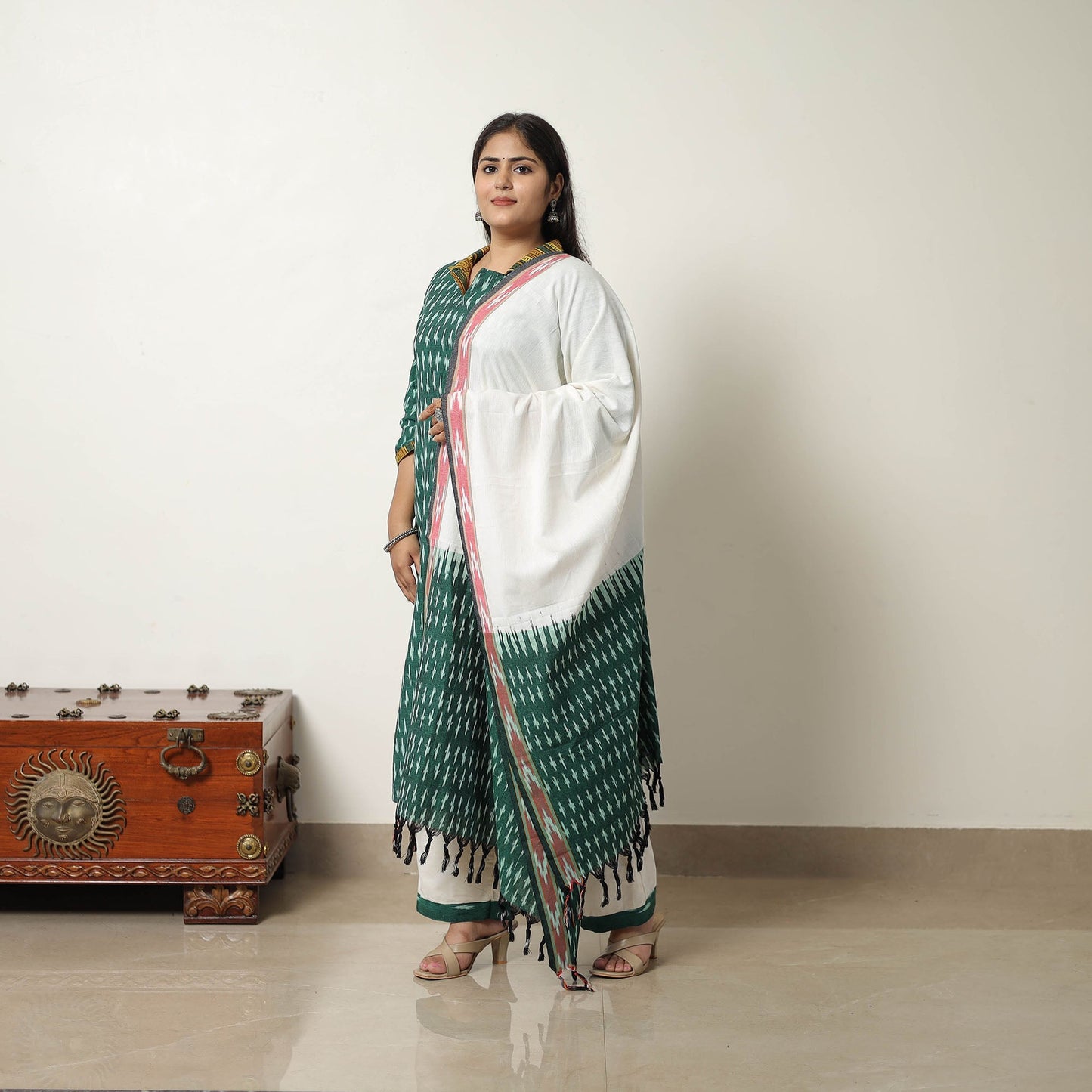  Green Handloom Cotton Pochampally Ikat Kurta Set 