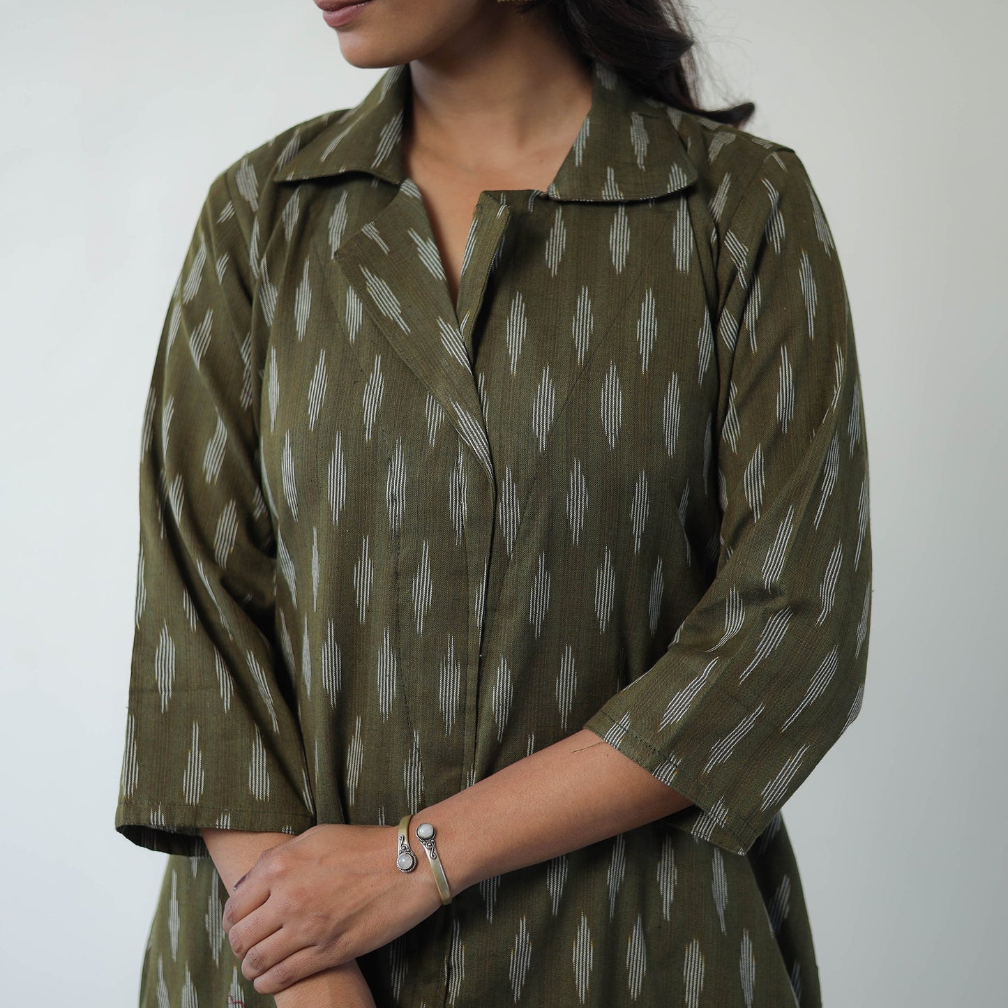 Green Handloom Cotton Pochampally Ikat Kurta Set with Dupatta