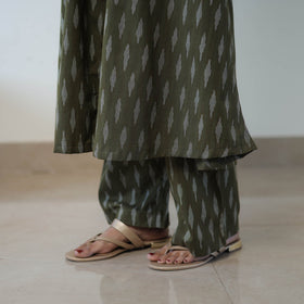 Green Handloom Cotton Pochampally Ikat Kurta Set with Dupatta