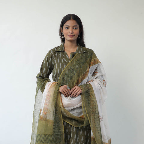 Green Handloom Cotton Pochampally Ikat Kurta Set with Dupatta