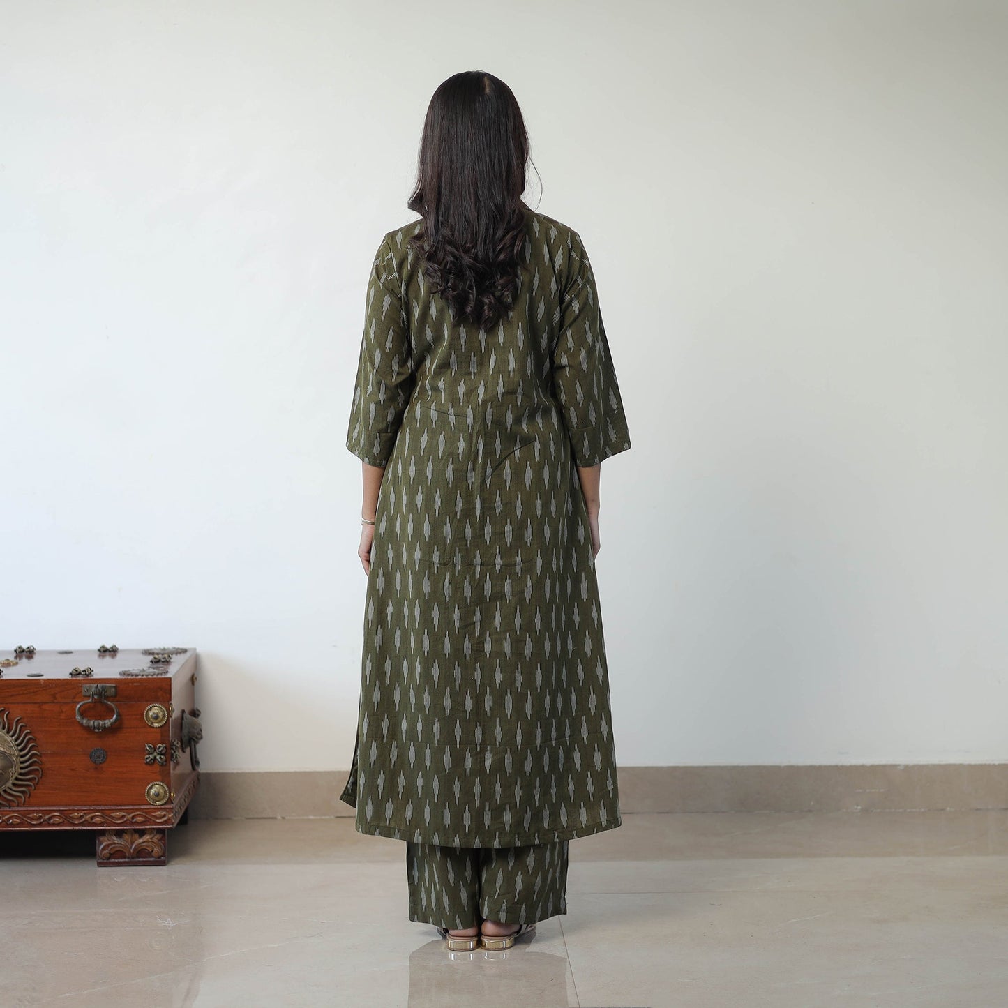 Green Handloom Cotton Pochampally Ikat Kurta Set with Dupatta