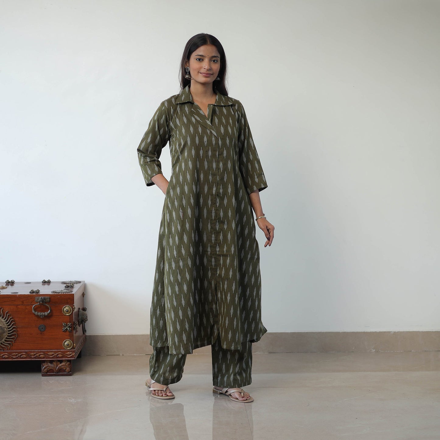 Green Handloom Cotton Pochampally Ikat Kurta Set with Dupatta