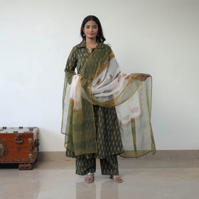 Green Handloom Cotton Pochampally Ikat Kurta Set with Dupatta