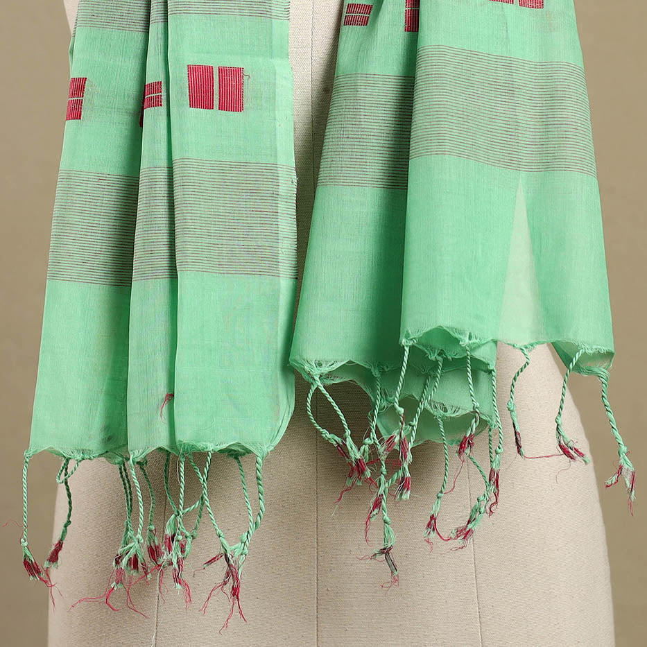 Green Handloom Cotton Srikakulam Jamdani Stole with Tassels