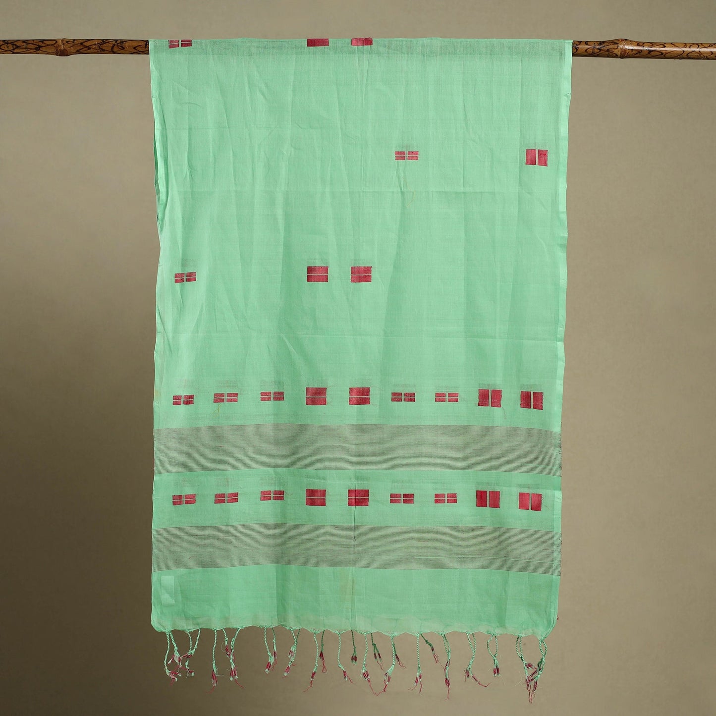 Green Handloom Cotton Srikakulam Jamdani Stole with Tassels