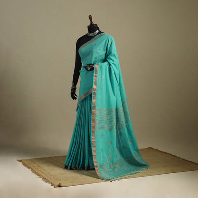 Green - handloom cotton zari buti phulia jamdani saree 03