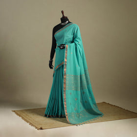 Green - handloom cotton zari buti phulia jamdani saree 03