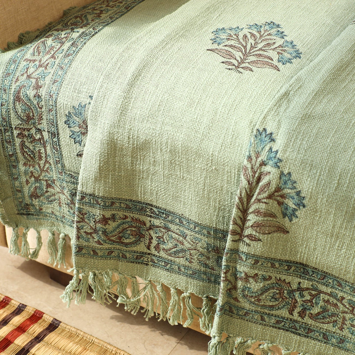Green - handloom jaipur cotton sofa throw 34 - handcrafted