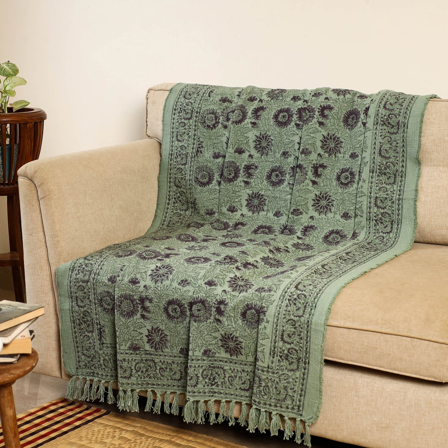 Green - handloom jaipur cotton sofa throw 08 - handcrafted