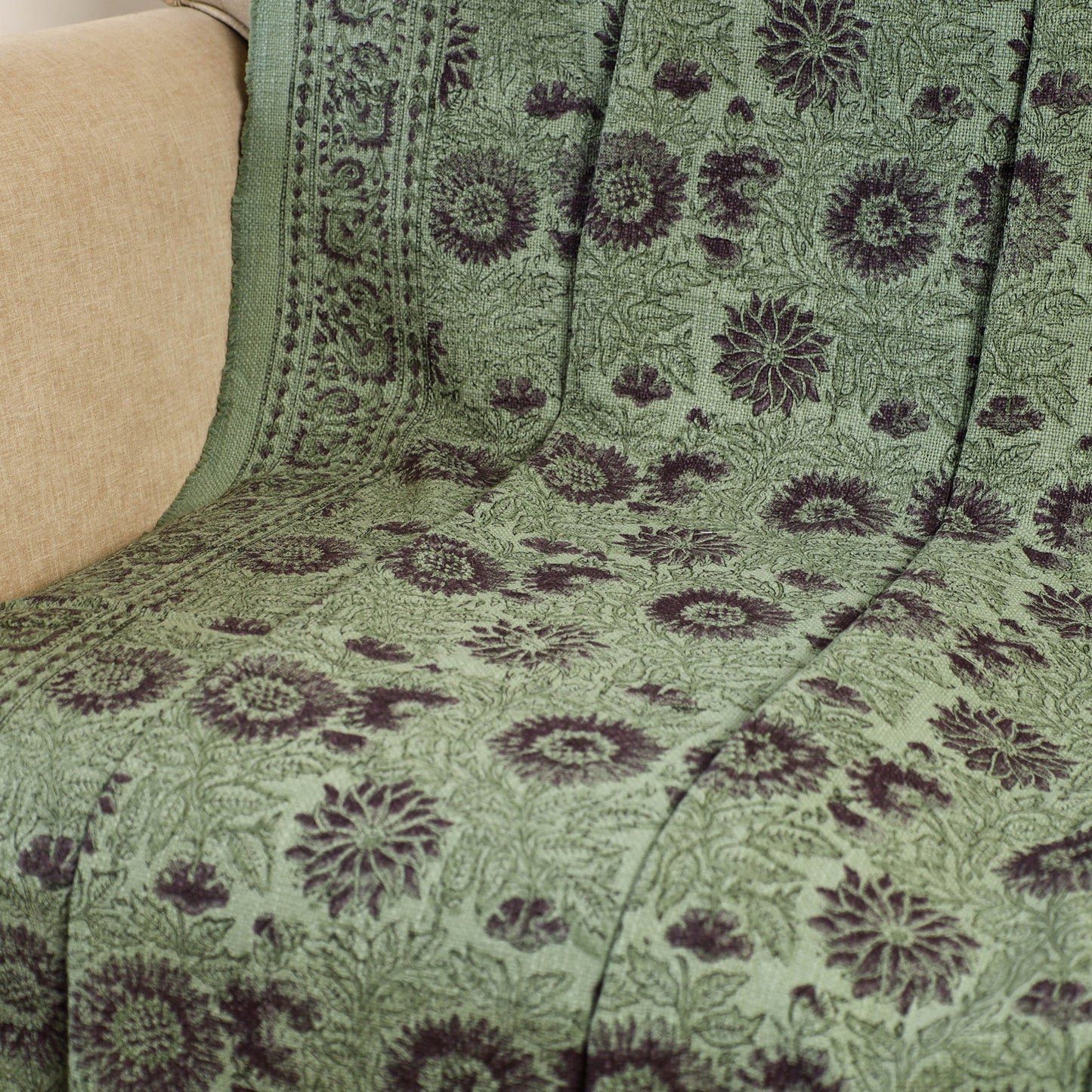 Green - handloom jaipur cotton sofa throw 08 - handcrafted