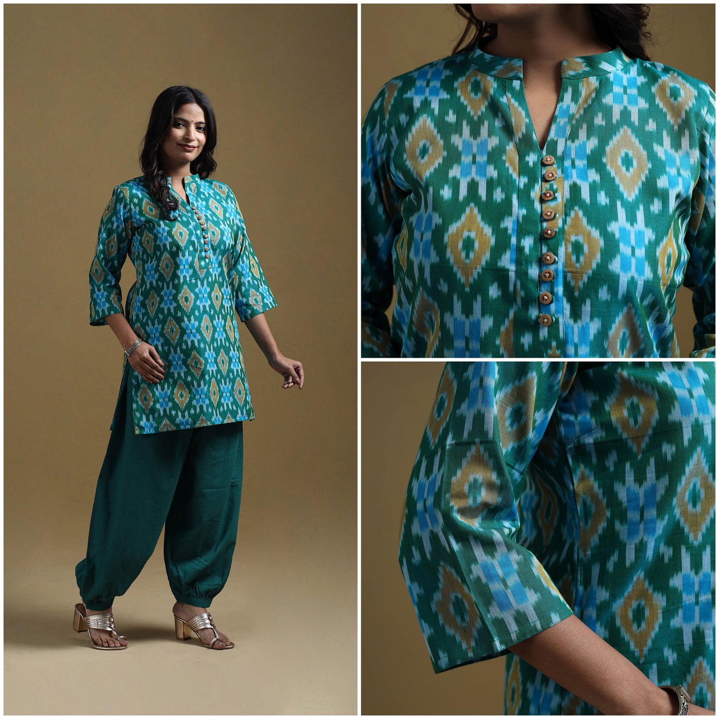 Handloom mercerised cotton pochampally ikat 2pc short kurta