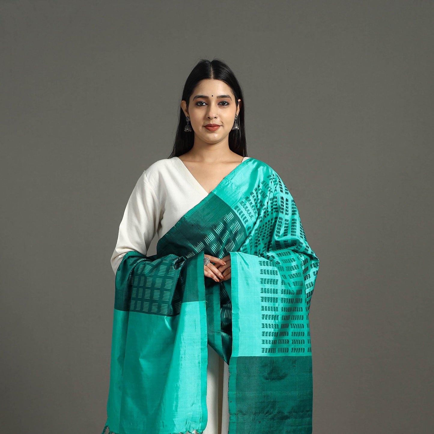 Green - handloom mulberry silk pochampally ikat dupatta 42
