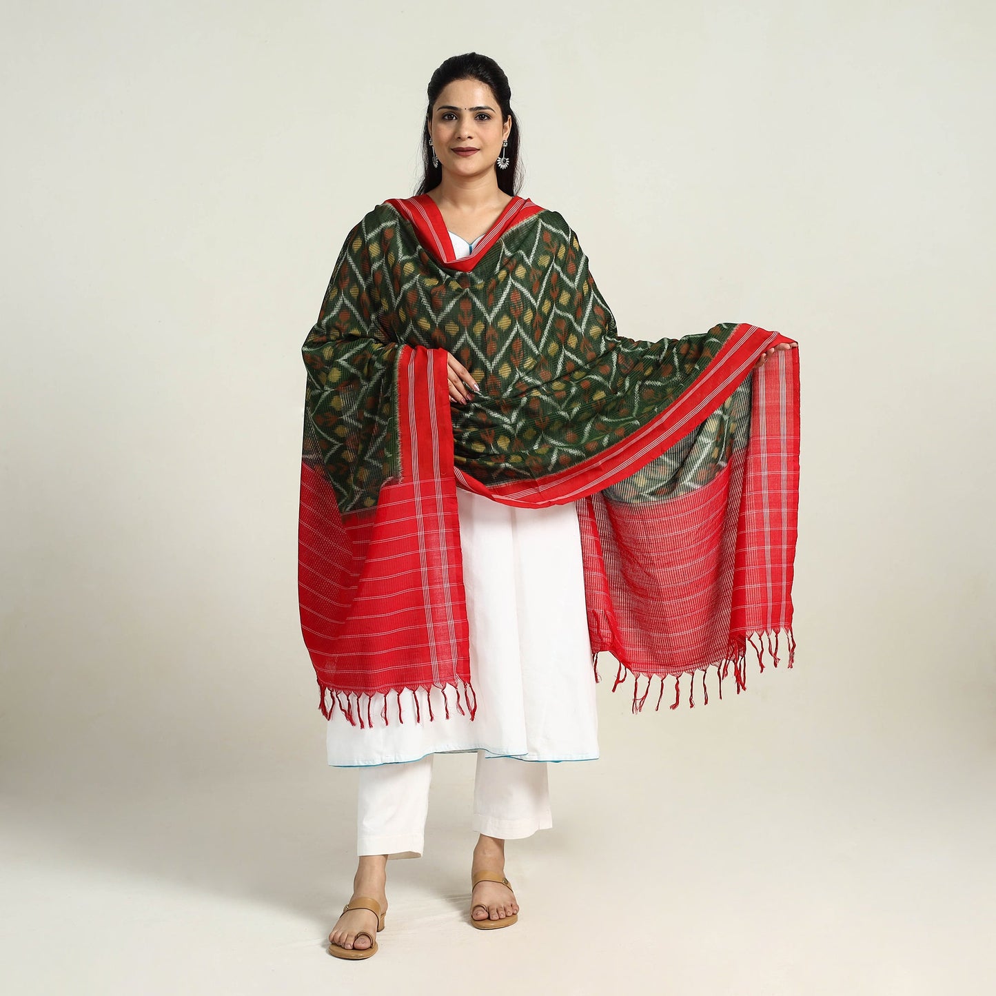 Green Handloom Pochampally Double Ikat Telia Rumal Dupatta 