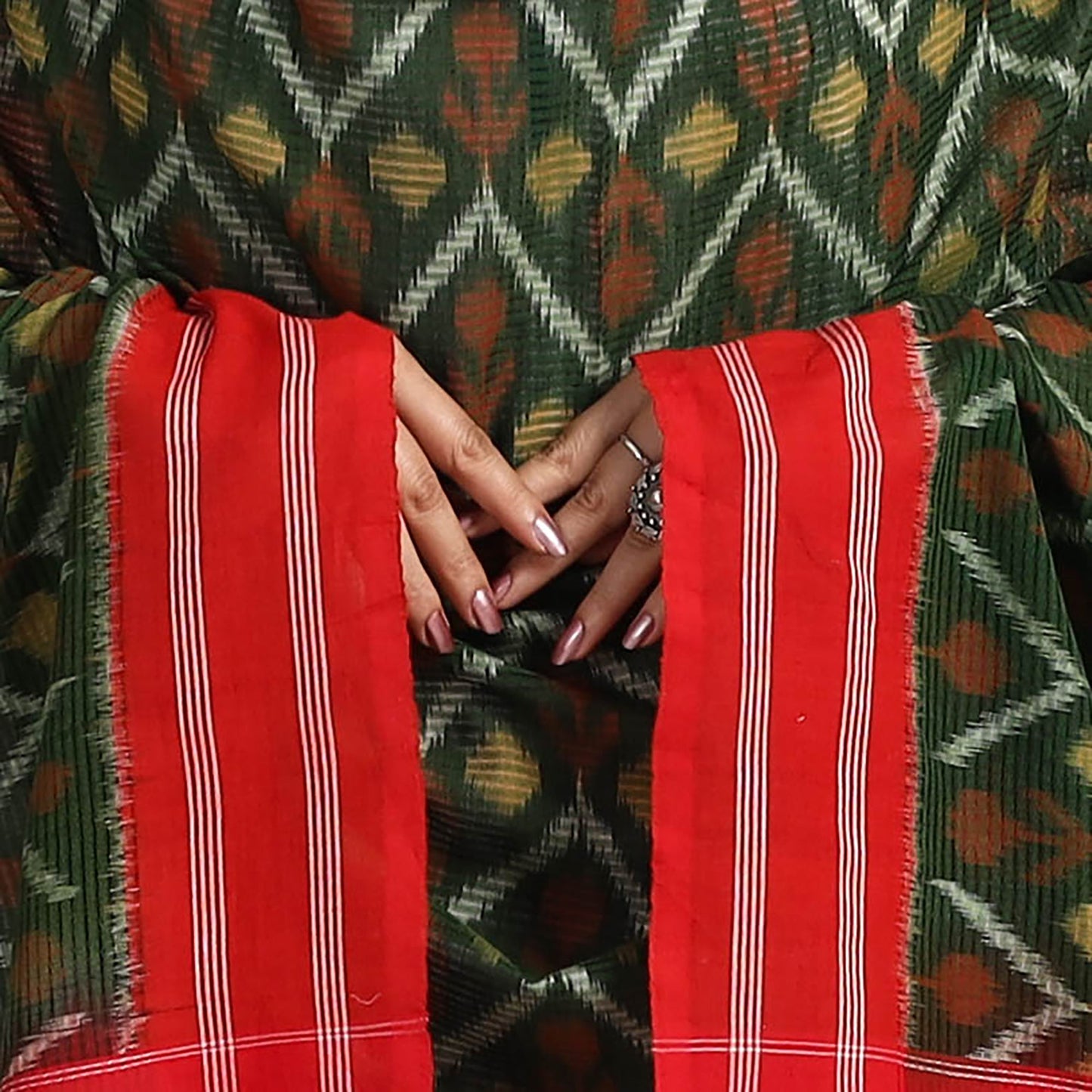 Green Handloom Pochampally Double Ikat Telia Rumal Dupatta 