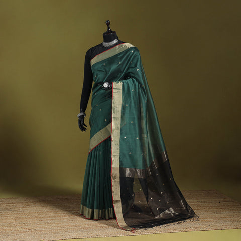 Green - handloom silk cotton buti maheshwari saree