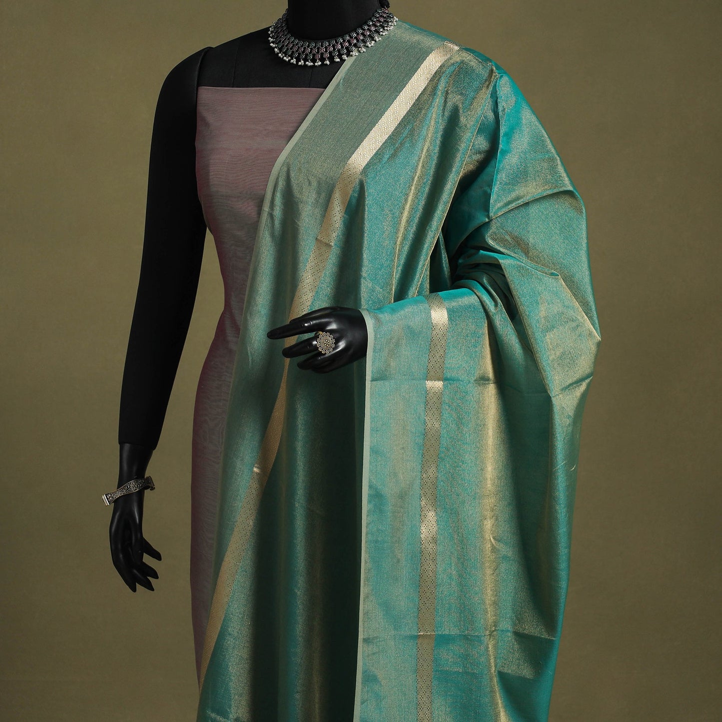 Green - handloom silk cotton heavy tissue gold zari