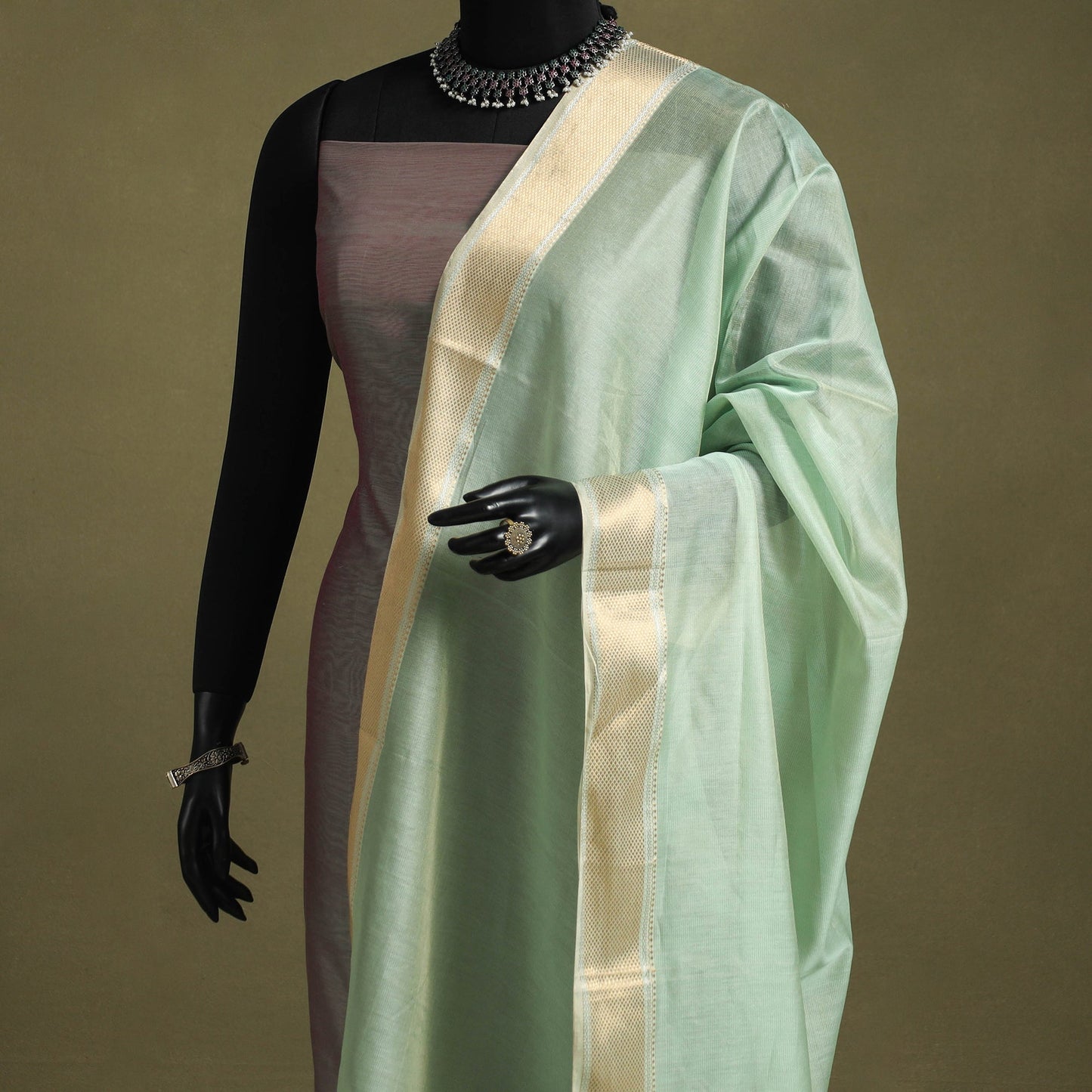 Green - handloom silk cotton tissue zari maheshwari dupatta