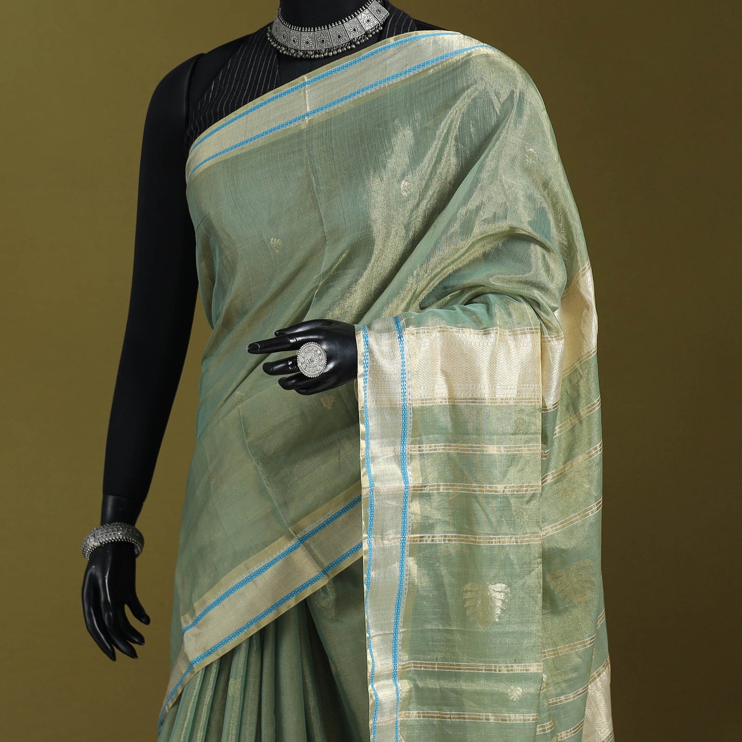 Green - handloom tissue zari weave silk cotton buti