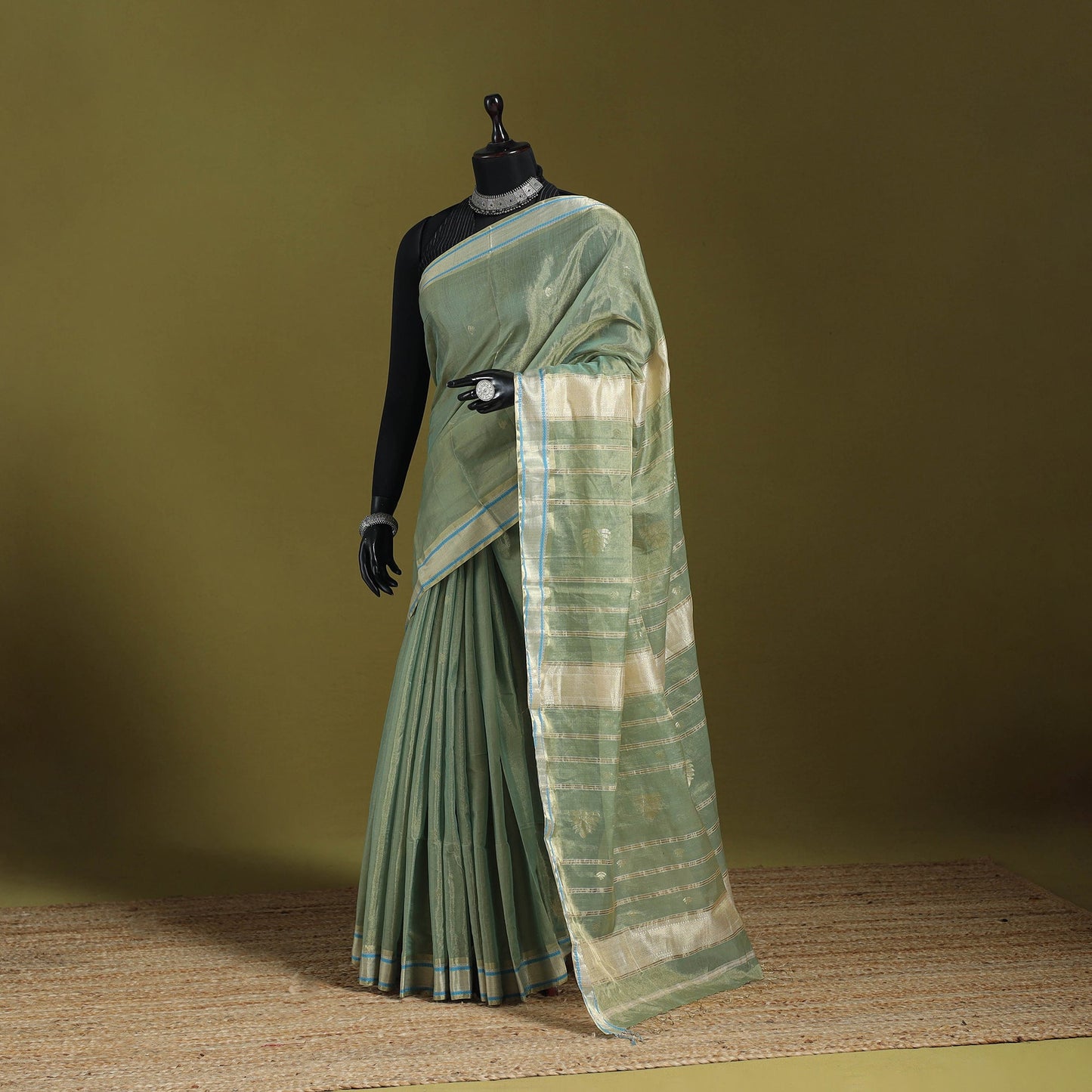 Green - handloom tissue zari weave silk cotton buti