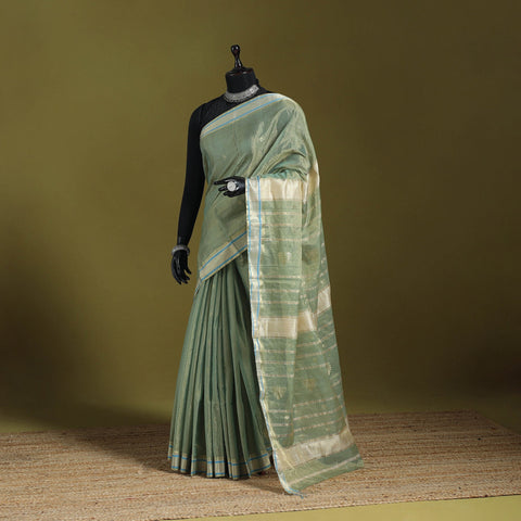 Green - handloom tissue zari weave silk cotton buti