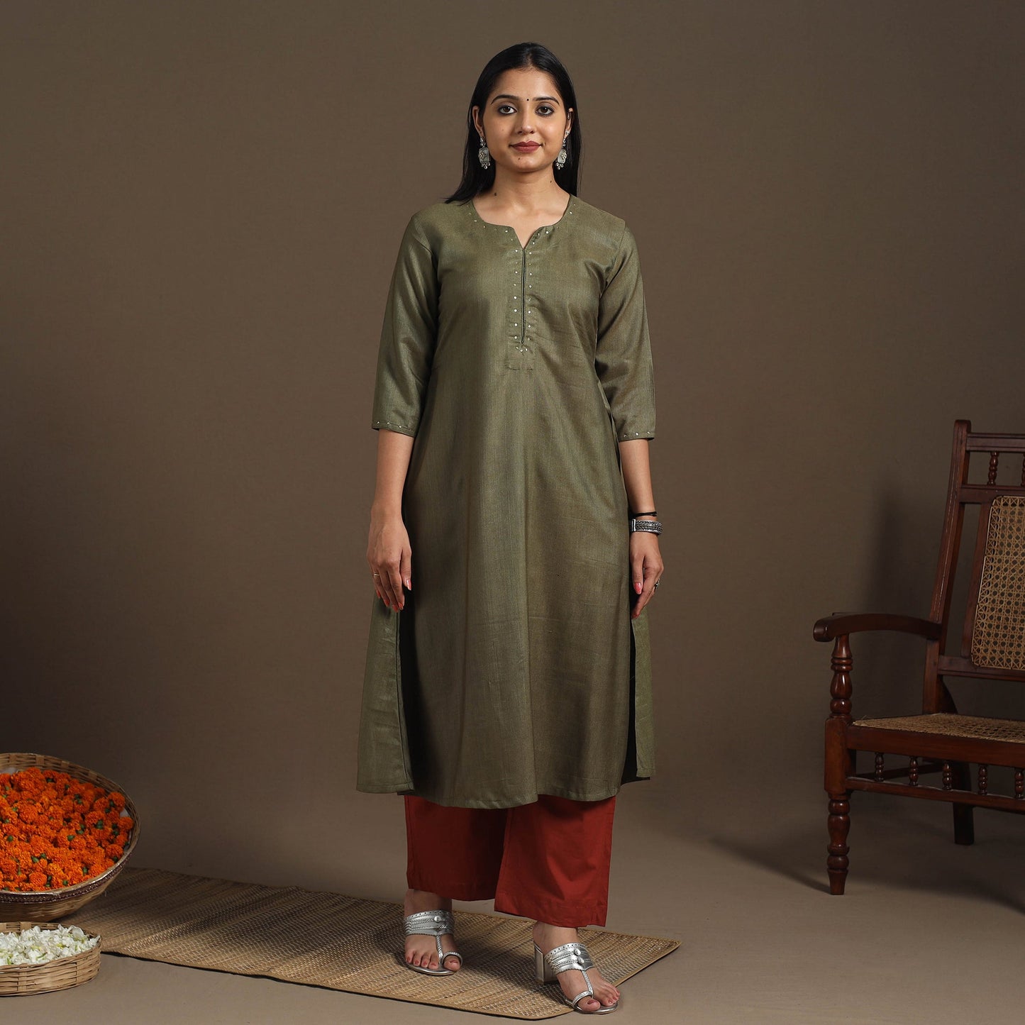 Green Handloom Tussar Silk Cotton A-Line Plain Kurta