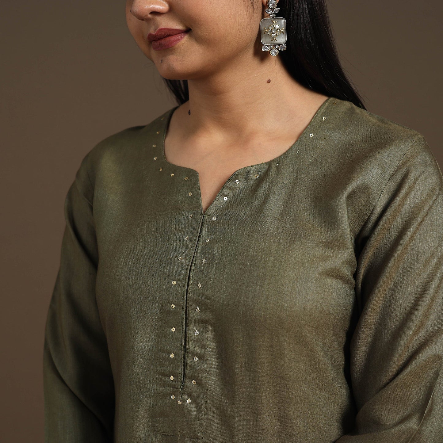 Green Handloom Tussar Silk Cotton A-Line Plain Kurta