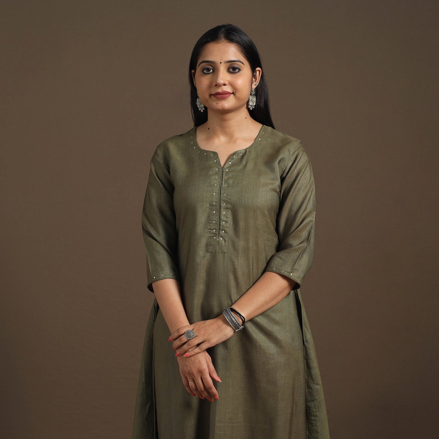 Green Handloom Tussar Silk Cotton A-Line Plain Kurta