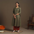 Green Handloom Tussar Silk Cotton A-Line Plain Kurta