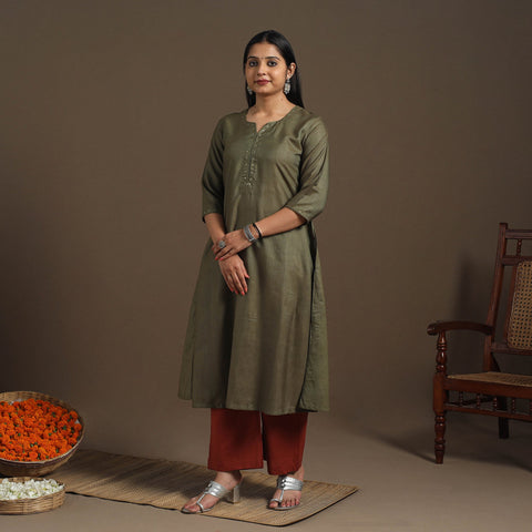 Green Handloom Tussar Silk Cotton A-Line Plain Kurta