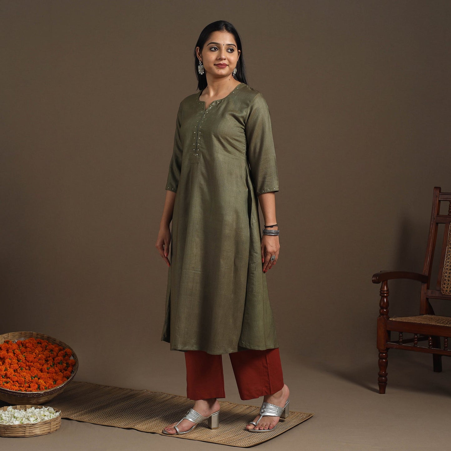 Green Handloom Tussar Silk Cotton A-Line Plain Kurta