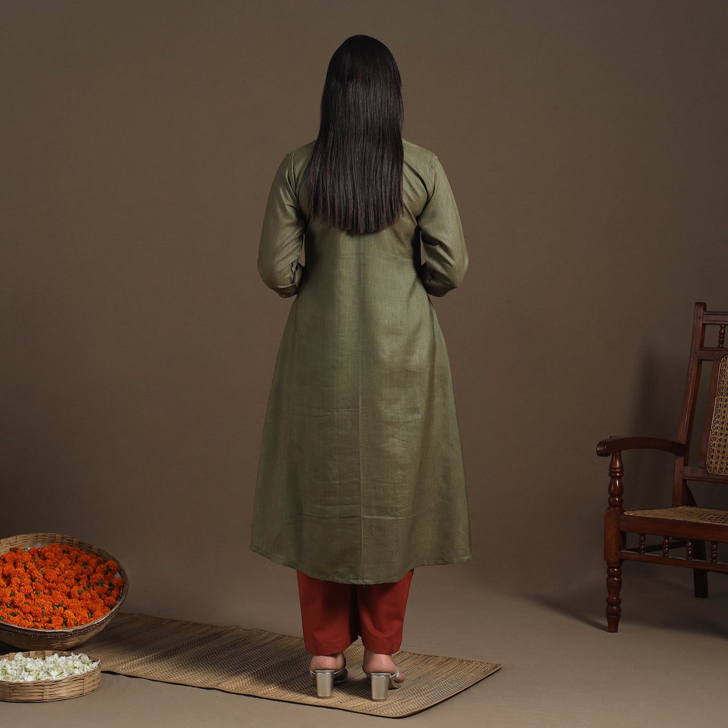 Green Handloom Tussar Silk Cotton A-Line Plain Kurta