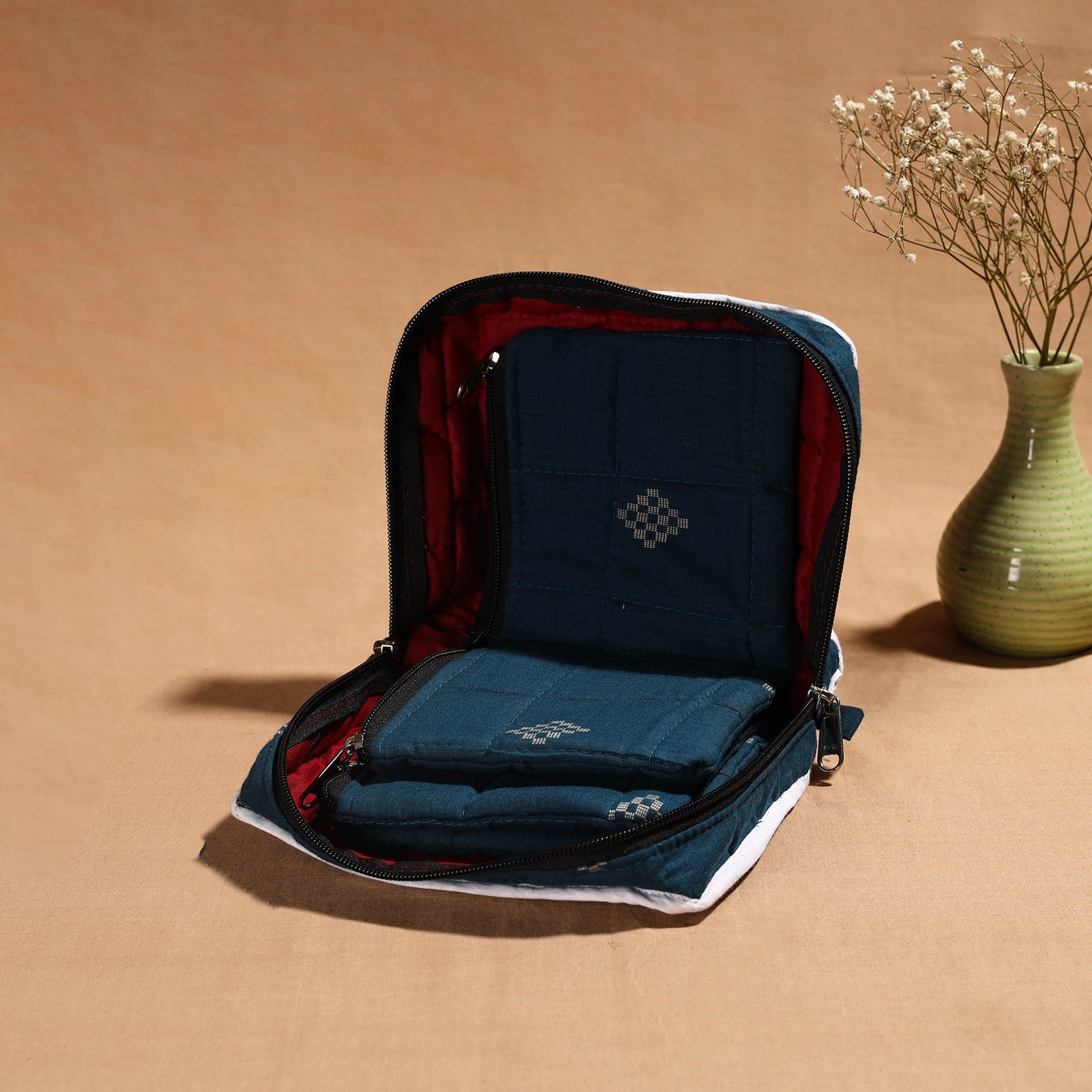 Green Handmade 4 Pockets Cotton Jewellery Bag