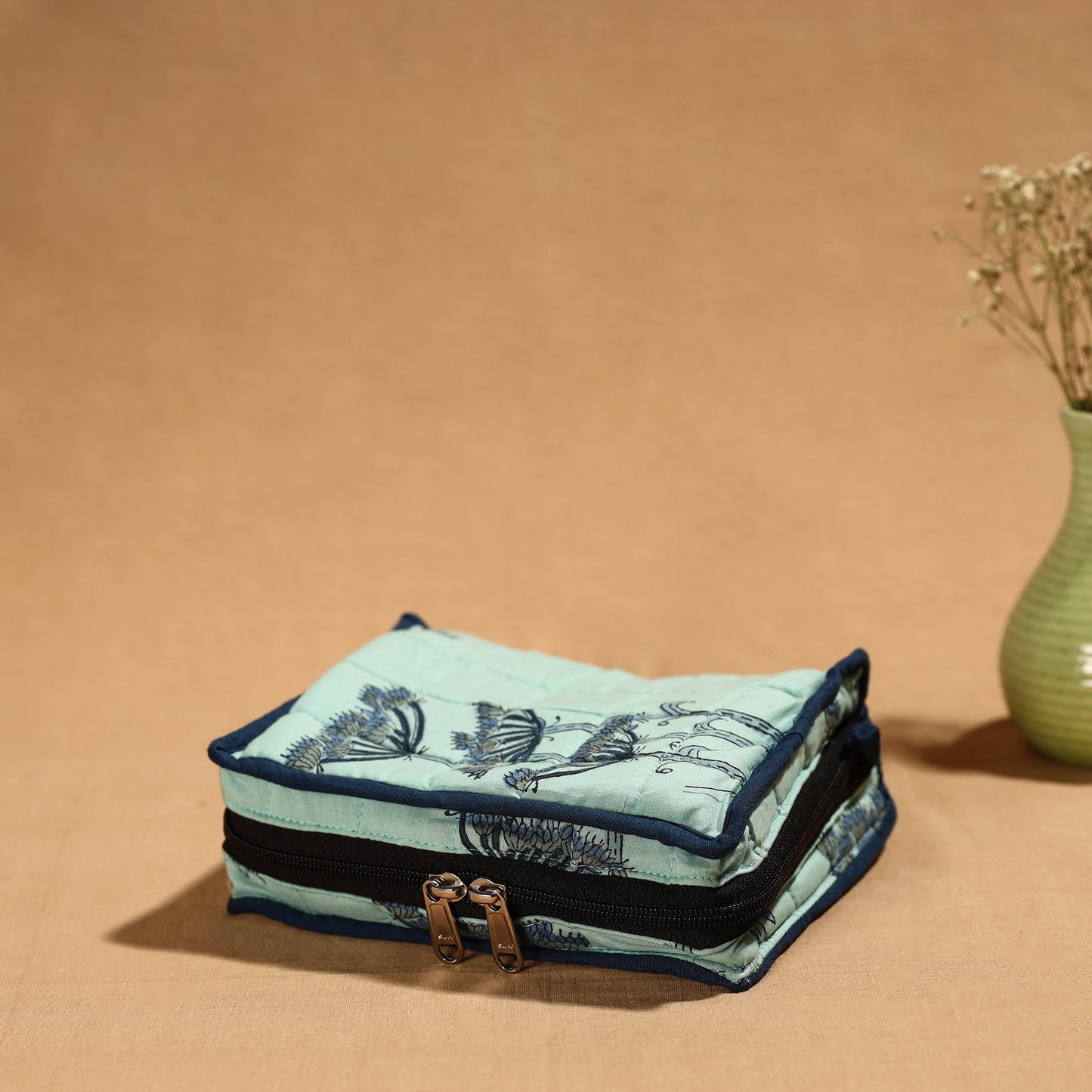 Green Handmade Cotton Jewelry Bag - 4 Pockets | iTokri